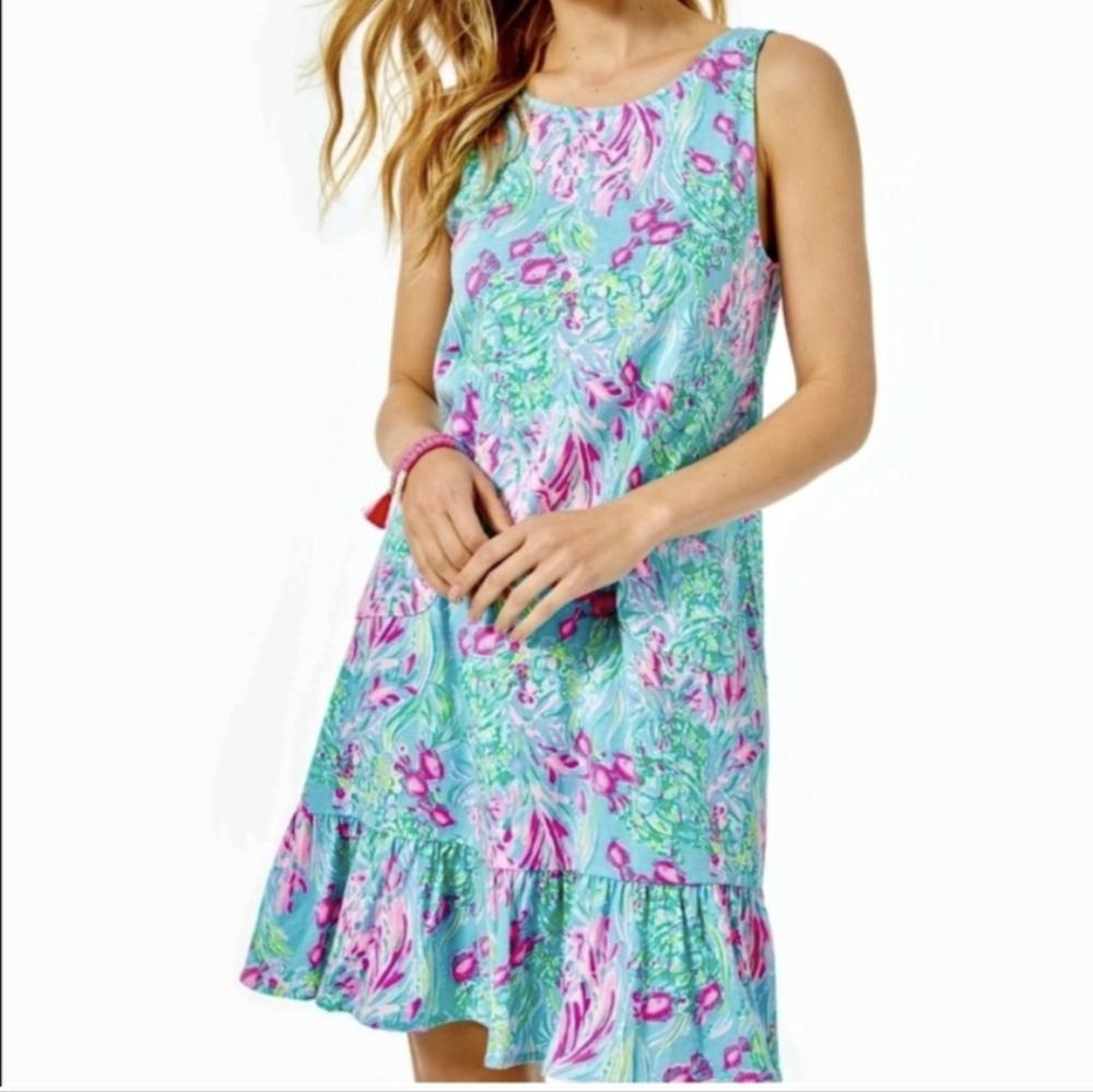 Lilly Pulitzer Turquoise Floral Sleeveless Shift Dress with Pink Accents